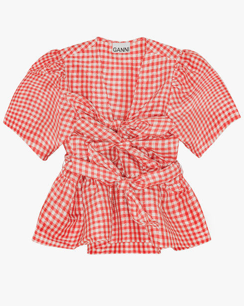 Crinkled Taffeta Check Tie Strap Blouse