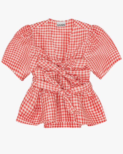 Crinkled Taffeta Check Tie Strap Blouse