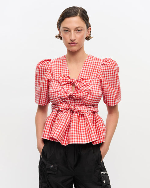 Crinkled Taffeta Check Tie Strap Blouse