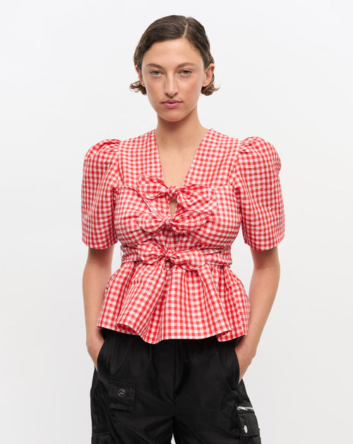 Crinkled Taffeta Check Tie Strap Blouse