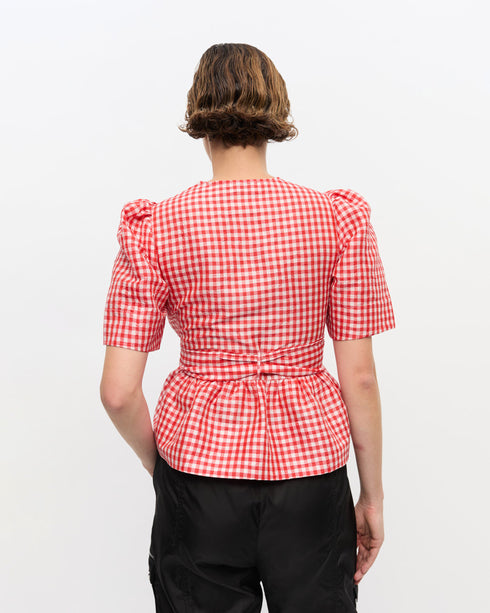 Crinkled Taffeta Check Tie Strap Blouse