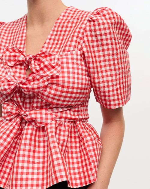 Crinkled Taffeta Check Tie Strap Blouse