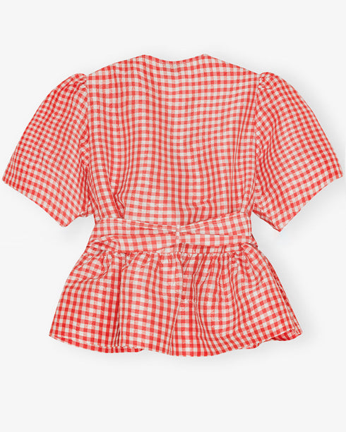 Crinkled Taffeta Check Tie Strap Blouse
