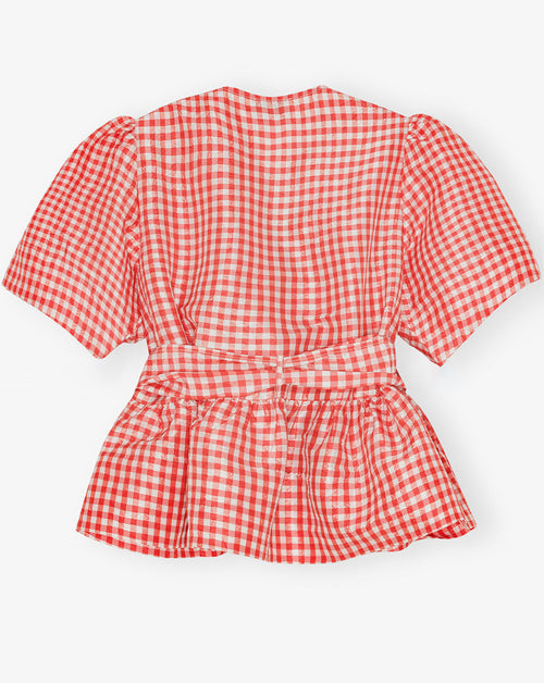 Crinkled Taffeta Check Tie Strap Blouse