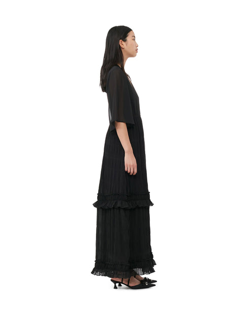 Pleated Georgette V-Neck Maxi Dress