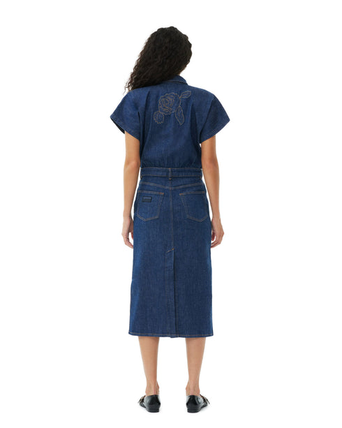 Rinse Stitching Denim Midi Dress