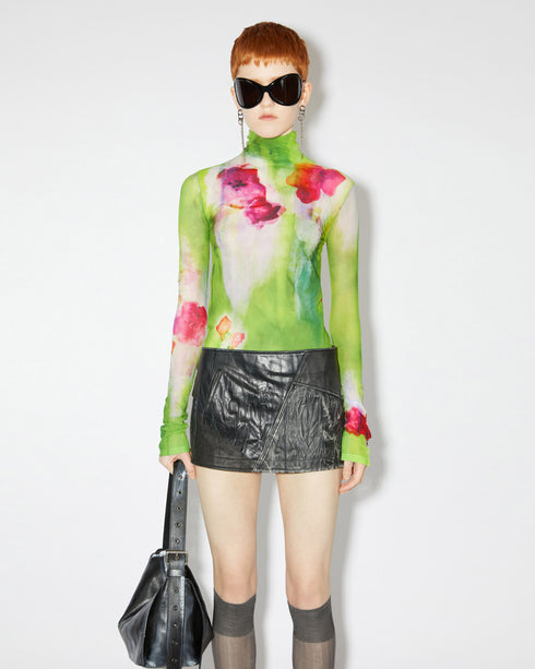 Washed Flower Printed Mesh Top