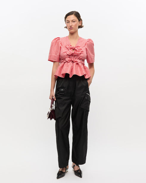 Crinkled Taffeta Check Tie Strap Blouse
