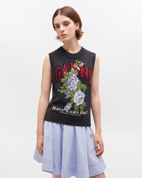 Graphic Wool Mix Flowers Vest