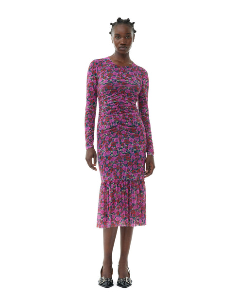 Printed Mesh LS Gathered Dress GANNI WORKSHOP