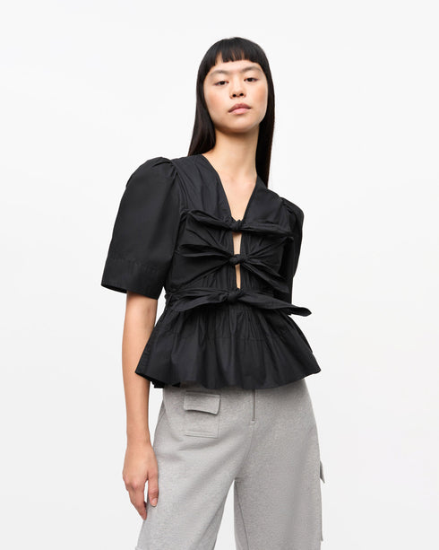 Washed Stretch Cotton Tie Strap Blouse