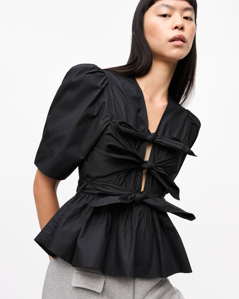 Washed Stretch Cotton Tie Strap Blouse